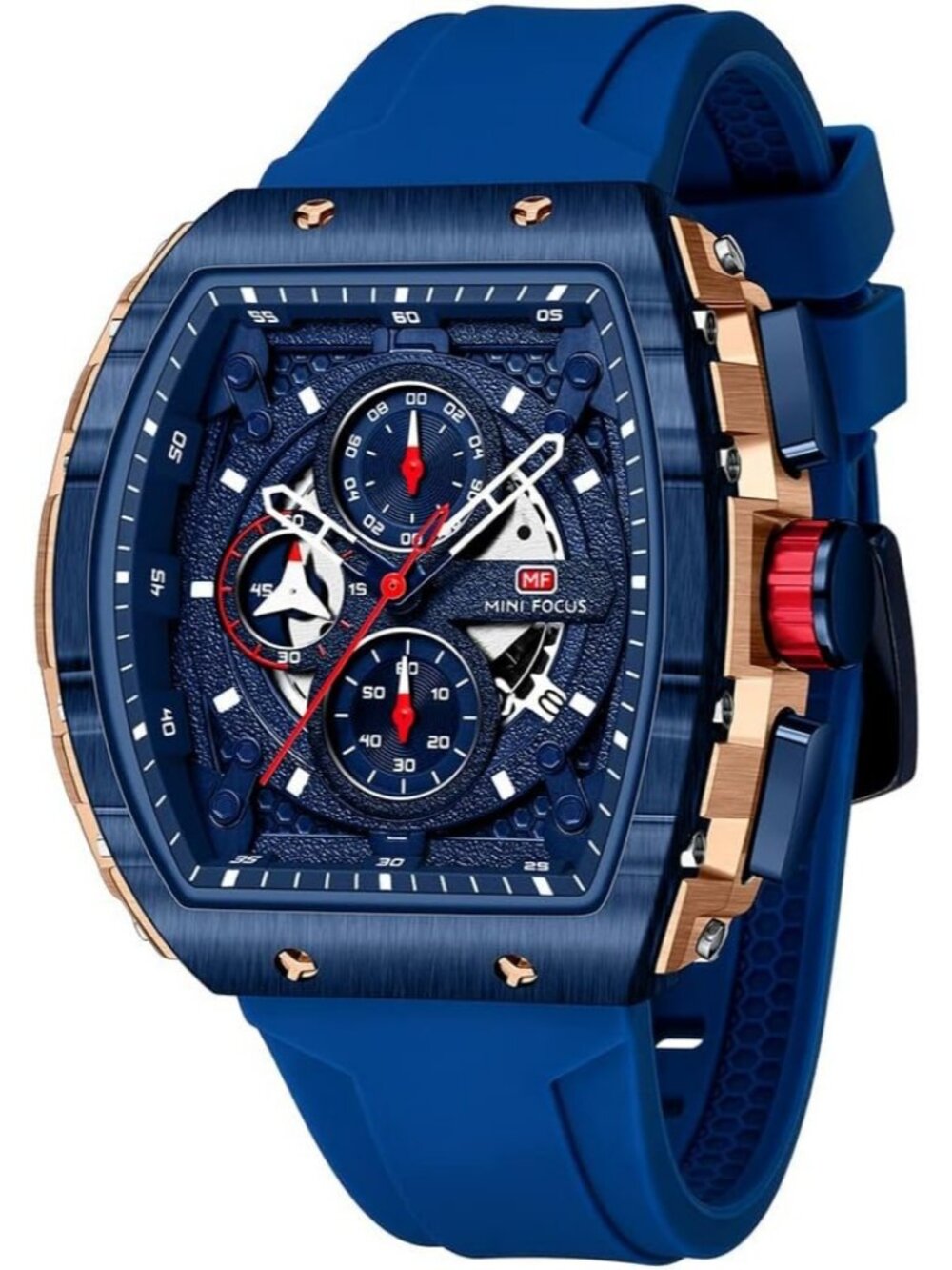 Men's Blue Silicon Strap Quartz Chronograph Waterproof Luminous Tonneau Watch